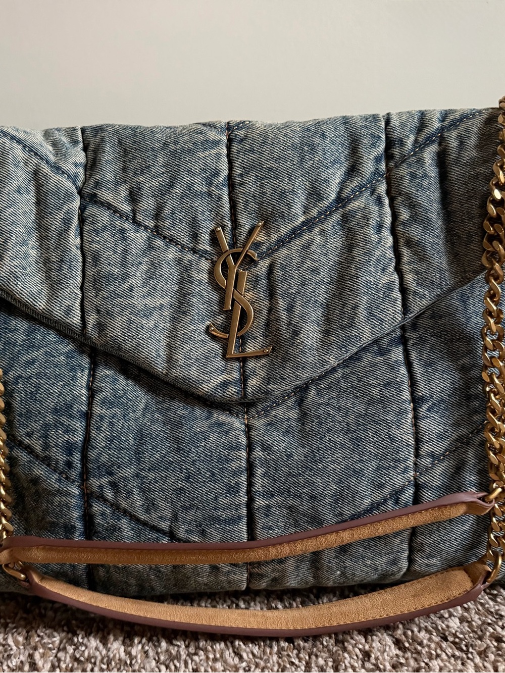 Yves Saint Laurent Quilted Denim Shoulder Bag with Gold Logo and Brown Trim - Picture 2 of 6
